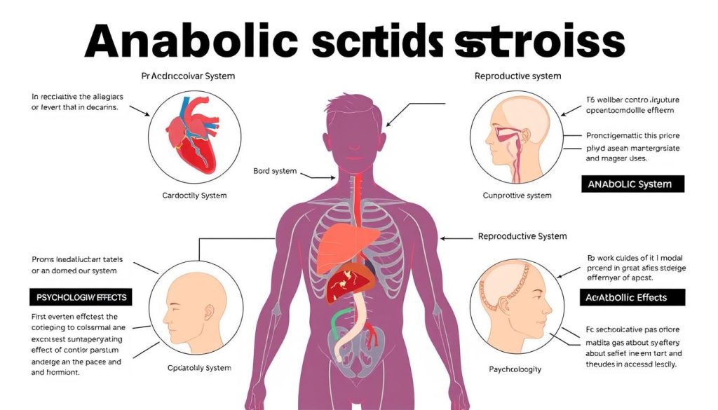 Medical illustration showing health effects of steroids on the human body
