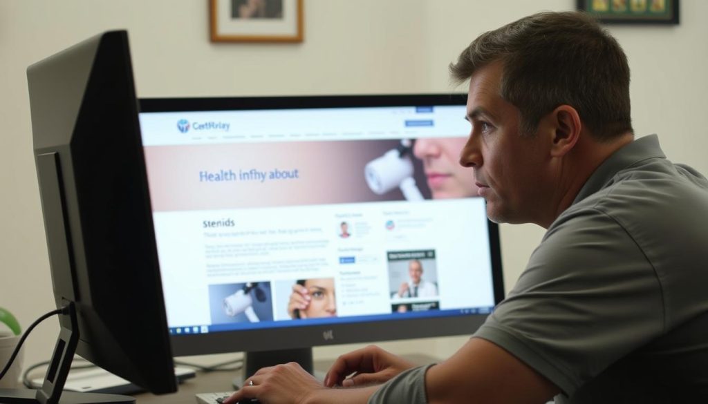 Person researching information about steroids on computer
