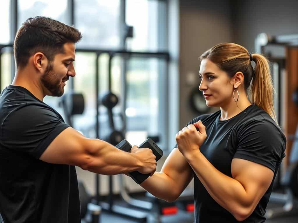 Person working with a fitness trainer on a natural approach to muscle building