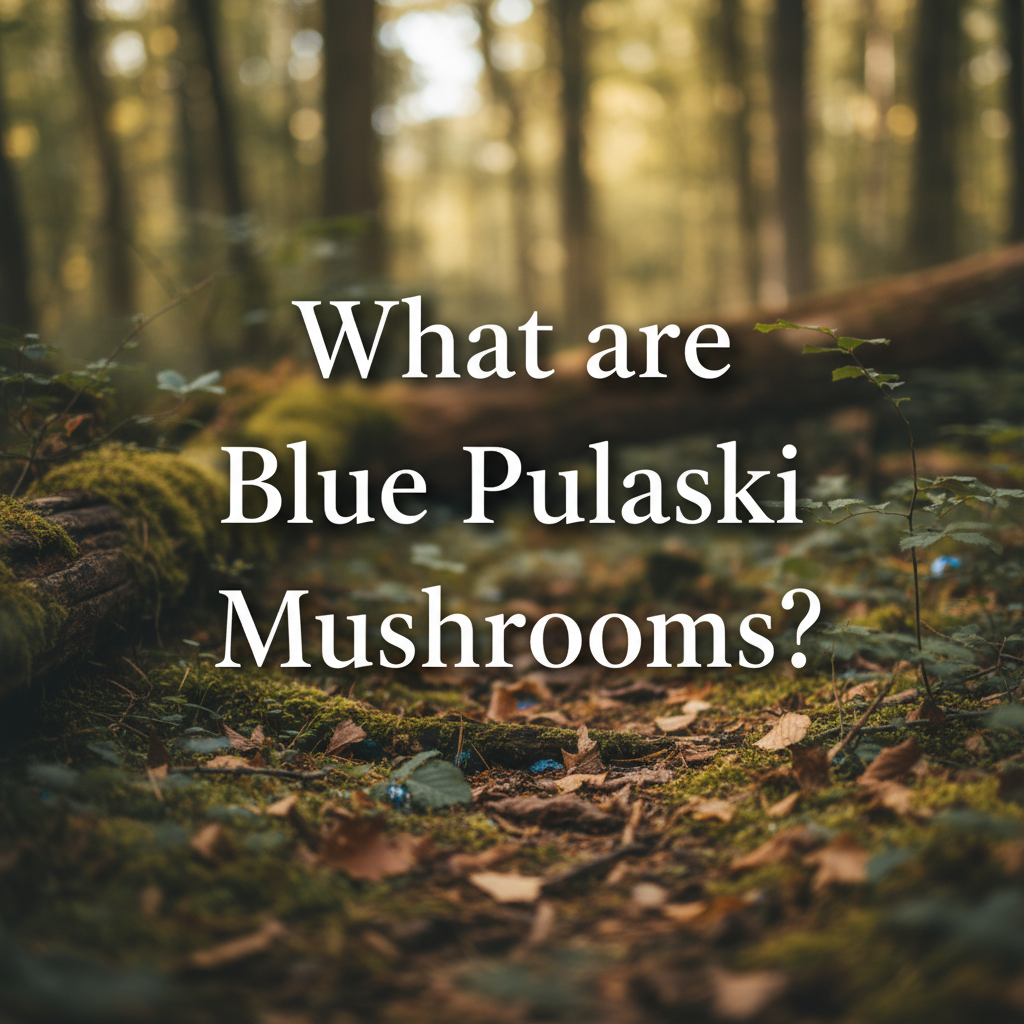 A forest scene with sunlight filtering through trees and the text, "What are Blue Pulaski Mushrooms?" overlaid in the center.