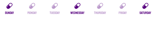 A weekly pill organizer with days labeled; Wednesday is highlighted in dark purple, while other days are lighter and less prominent.