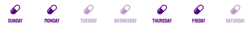 A weekly medication tracker showing doses scheduled for Sunday, Monday, Thursday, and Friday, with Tuesday, Wednesday, and Saturday marked as days off.