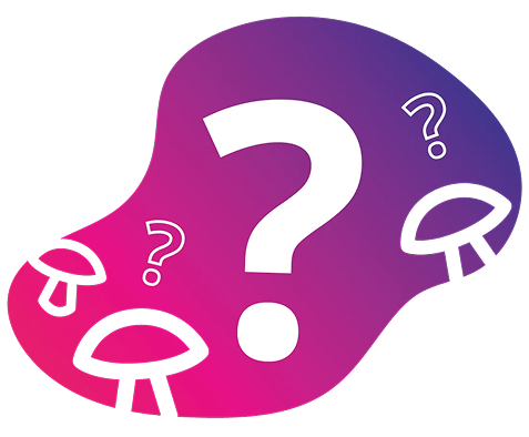 A large white question mark with two smaller question marks and three stylized mushroom icons on a pink and purple gradient background.