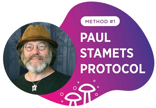 A man with a beard, glasses, and a brown hat is shown next to the text "METHOD #1 PAUL STAMETS PROTOCOL" on a purple and pink graphic with mushroom icons.