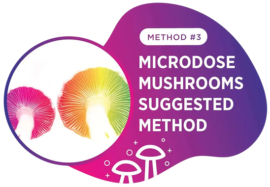 Illustration of two colorful mushrooms with the text: "Method #3 Microdose Mushrooms Suggested Method" on a purple background with mushroom icons.